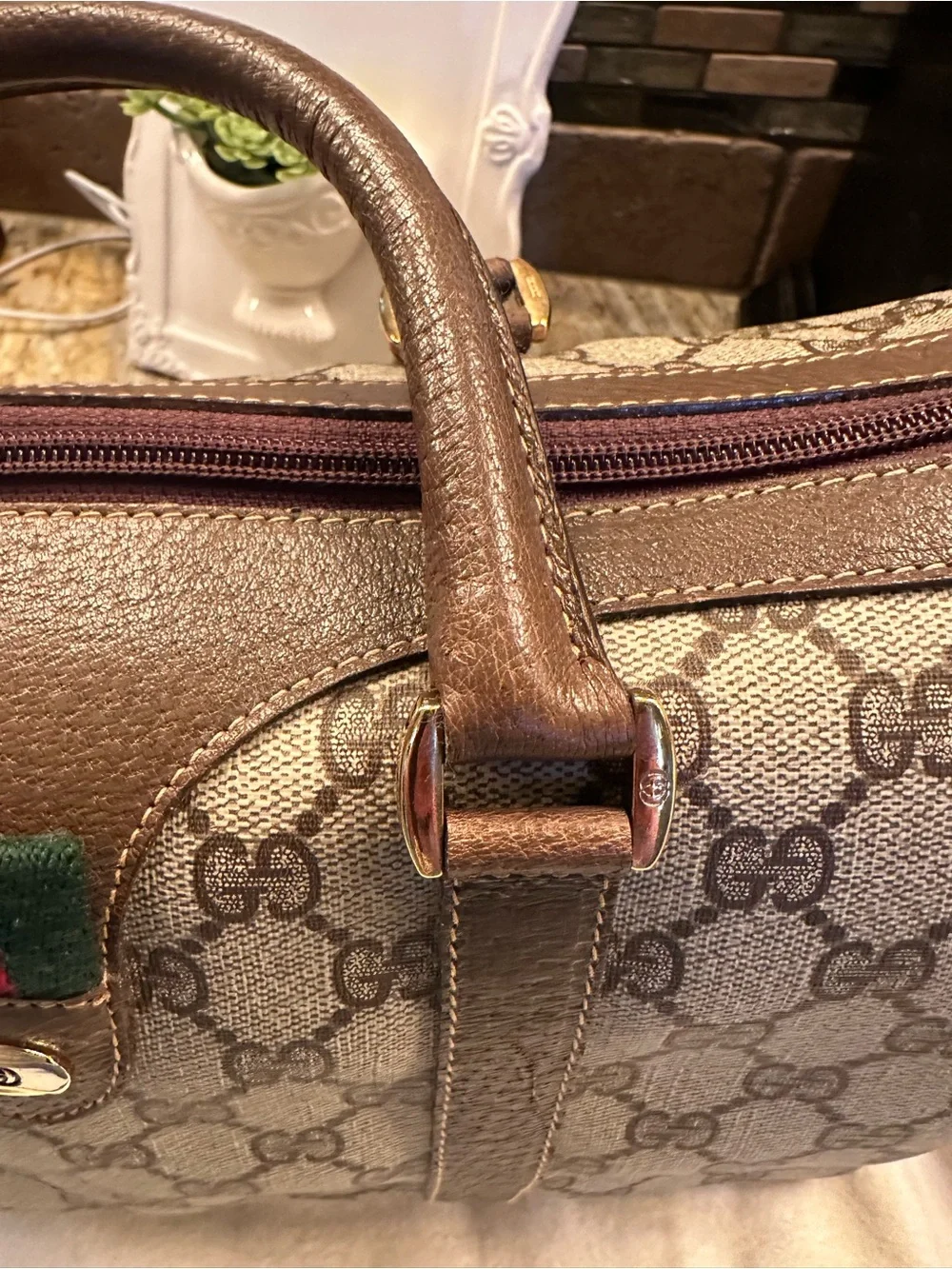 Gucci Brown GG Supreme Canvas Satchel with Signature Web Stripe